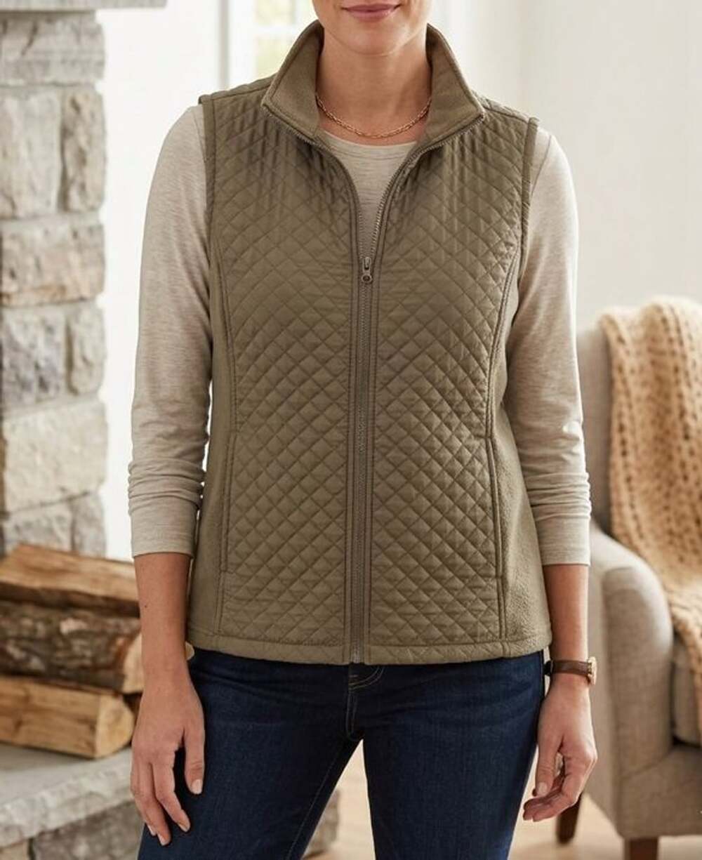 IZOD Women's Quilted Fleece Full Zip Vest XXL Brown